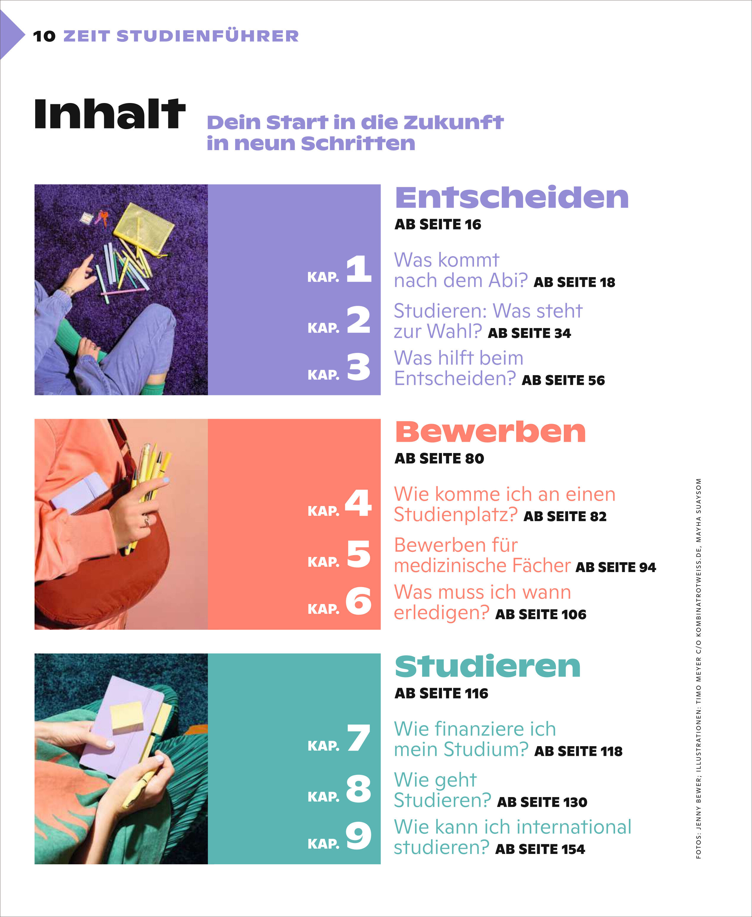 Das Bild zeigt eine strukturierte Inhaltsübersicht des ZEIT Studienführers 2026 mit farbigen Bereichen zu den Themen Entscheiden, Bewerben und Studieren, dekoriert mit Fotos von Händen, Notizblöcken und Schreibutensilien auf pastellfarbenen Hintergründen.