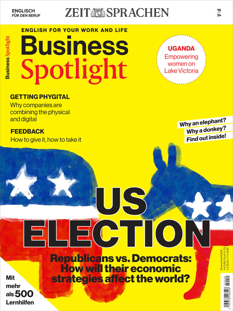 Titelbild des Business Spotlight Magazins 10/2024. Oben steht 'Englisch für den Beruf' und 'Zeit Sprachen'. Das Titelthema ist die US-Wahl und die wirtschaftlichen Strategien von Republikanern und Demokraten. Ein Bild einer US-Flagge mit zwei Tieren (Elefant und Esel) ist sichtbar. Weitere Schlagworte sind digitale Transformation, Feedback und Frauenförderung am Lake Victoria.