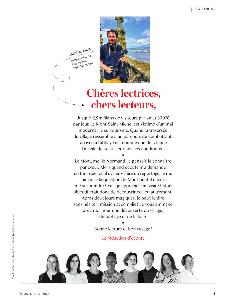 Cover der Zeitschrift Écoute Ausgabe 13/2024. Enthält ein Foto von Mont Saint-Michel und Text über das Thema der Ausgabe, außerdem Porträts von mehreren Personen darunter. Der Hintergrund ist überwiegend weiß mit roten und schwarzen Schriftzügen.