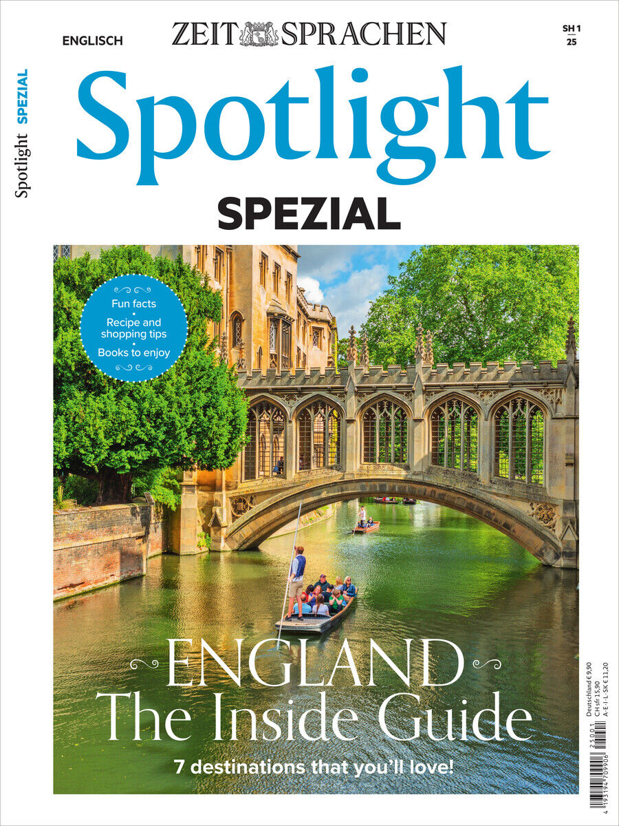 Cover des Spotlight Magazin 4/2025 Sonderausgabe zeigt eine malerische Flusslandschaft mit einer Brücke und Booten in England, betont durch das Wort 'Spezial' und farbenfrohe Gestaltung.
