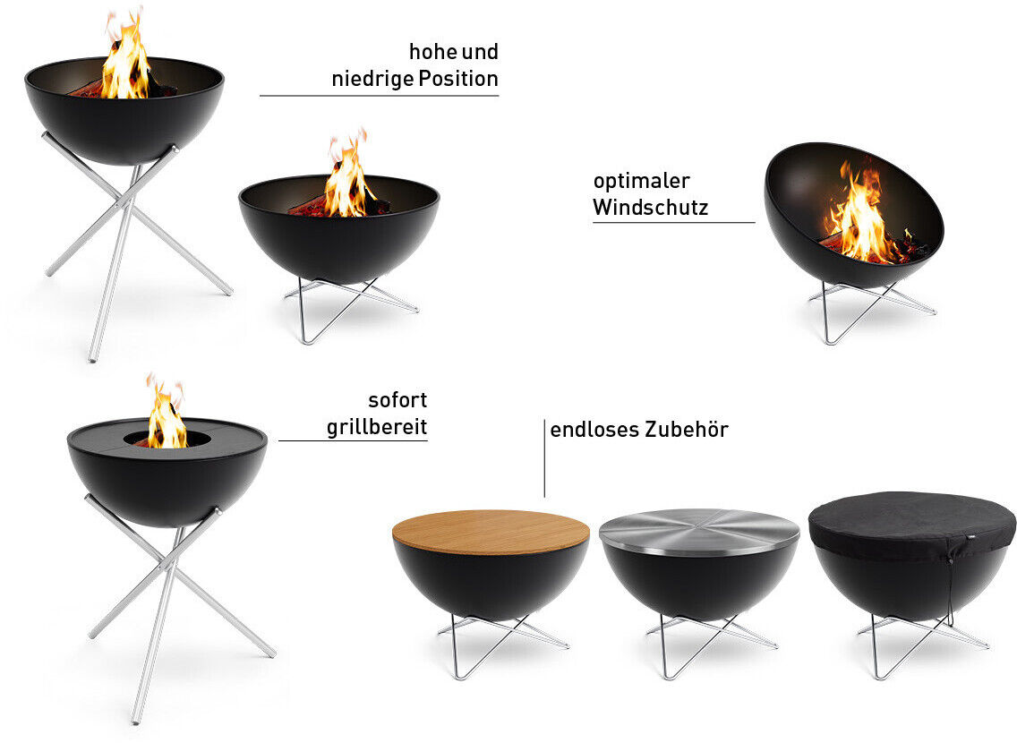 Die Feuerschale »BOWL 57« ist in verschiedenen Positionen abgebildet, darunter eine hohe und eine niedrige Position sowie mit verschiedenen Zubehörteilen. Eine brennende Flamme zeigt die Grillbereitschaft. Die Feuerschale hat ein minimalistisches, modernes Design mit einer schwarzen Schale und silbernen Beinen.