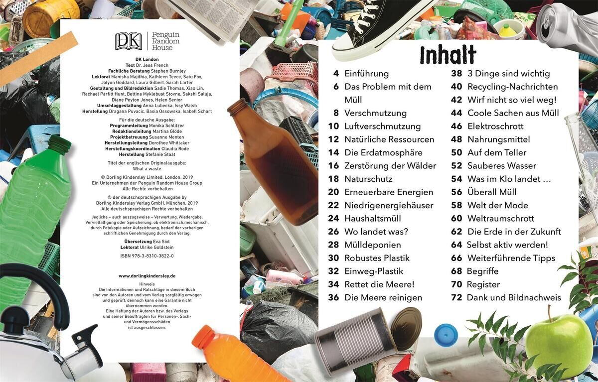 Ein Bild aus einem Buch mit dem Titel 'So viel Müll!' zeigt eine Vielzahl von Abfällen und Haushaltsgegenständen. Rechts ist ein Inhaltsverzeichnis mit verschiedenen Kapiteln über Müll, Recycling und Umweltschutz zu sehen.