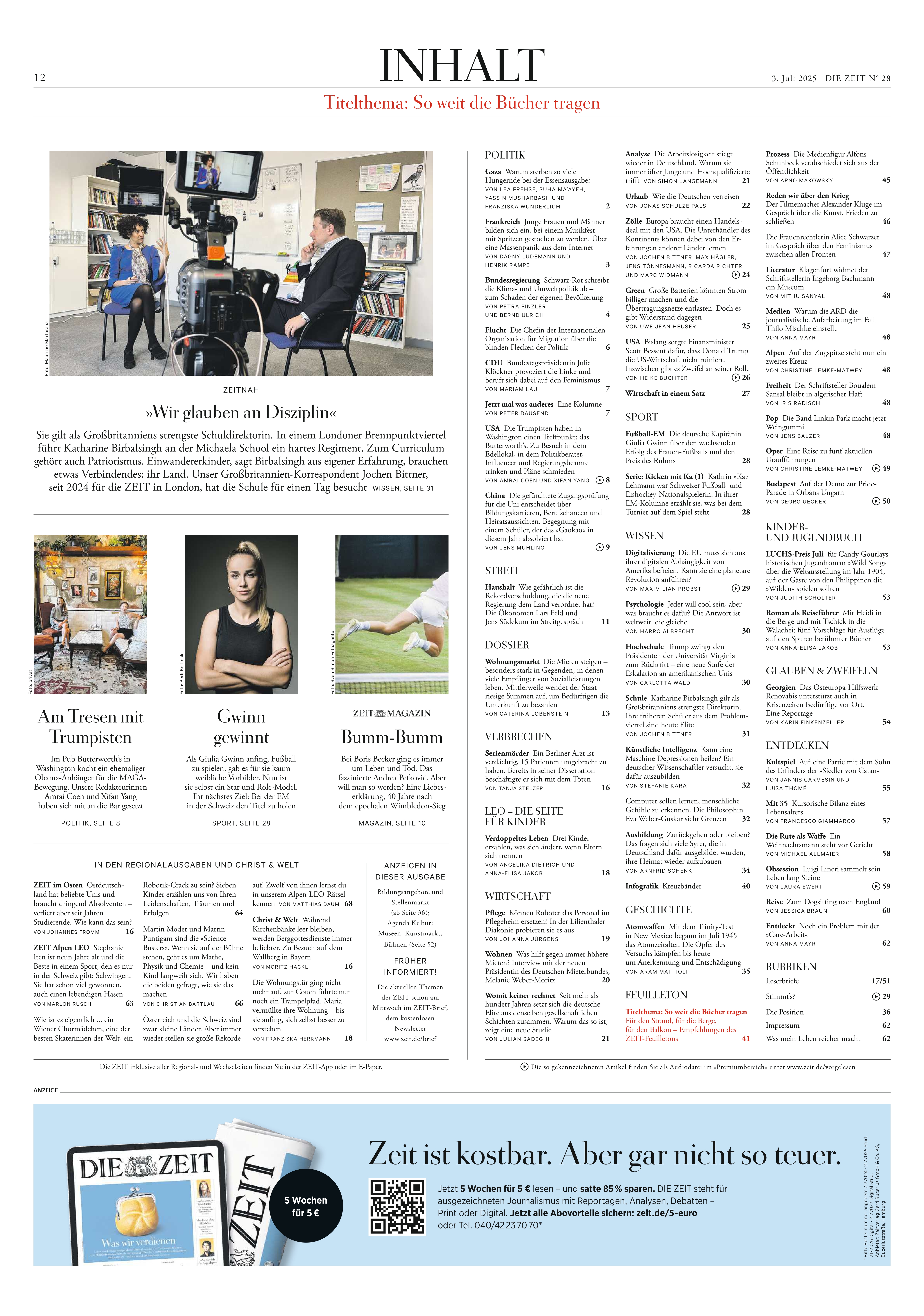 Titelseite der deutschen Wochenzeitung DIE ZEIT, Ausgabe 28/2025. Zu sehen ist das Inhaltsverzeichnis mit mehreren Textspalten, Fotos von Interviews und Autoren sowie dem klassischen Zeitungsdesign. Die Seite umfasst Artikelüberschriften, einen großen Header und Werbebanner im unteren Bereich.