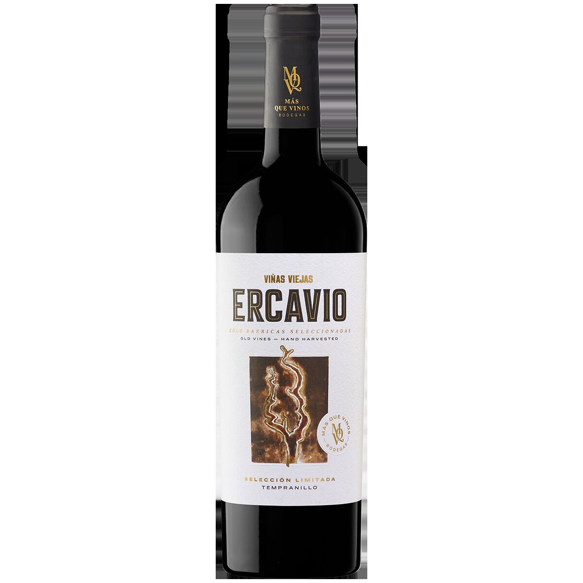 Eine einzelne Flasche Ercavio Tempranillo Rotwein mit weißem und goldenem Etikett, zentral auf weißem Hintergrund fotografiert. Die Flasche ist Teil des großen Weingut Probierpakets.