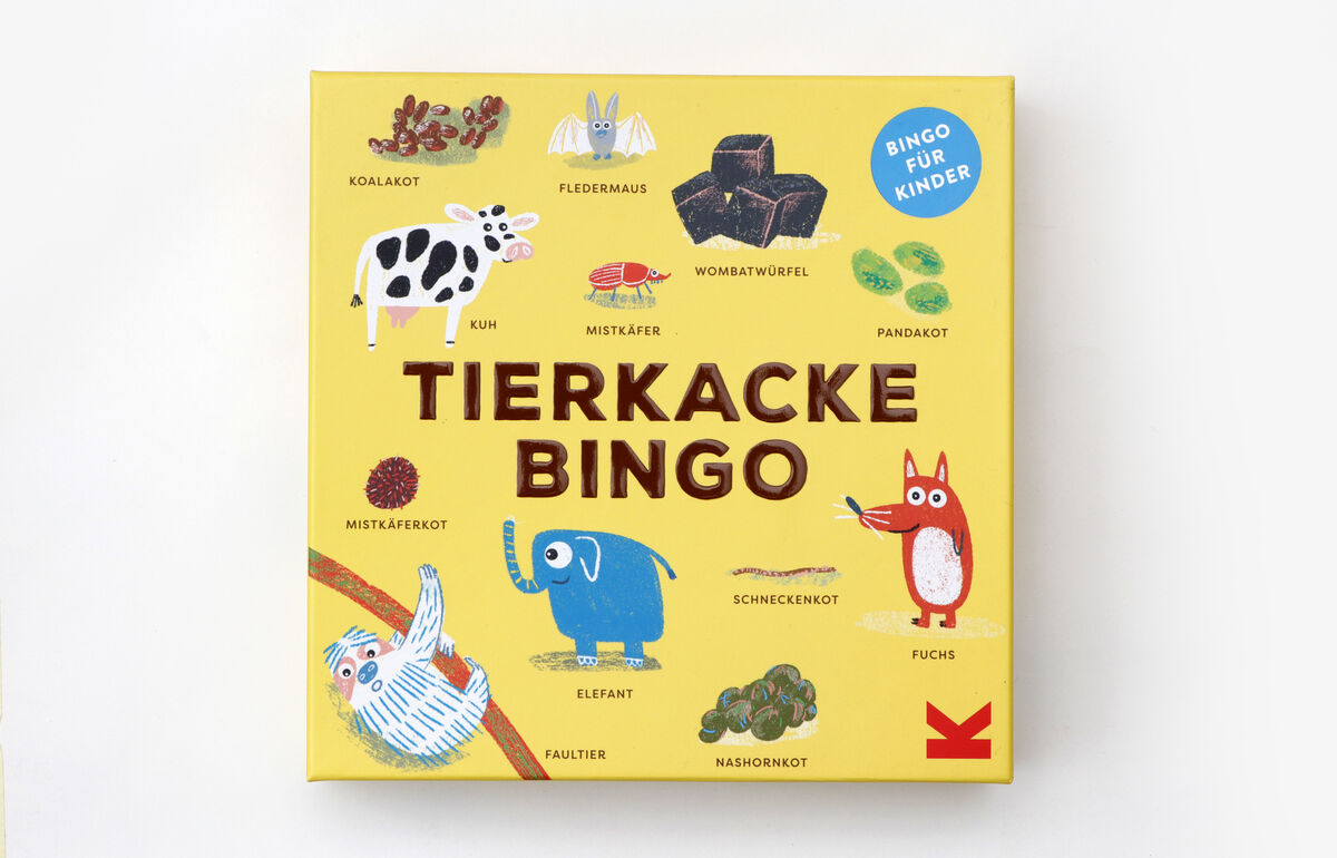 Ein farbenfrohes Spiel für Kinder namens »Tierkacke Bingo« in gelber Verpackung mit Illustrationen von verschiedenen Tieren und deren Kot. Enthält die Aufschrift 'Bingo für Kinder'.
