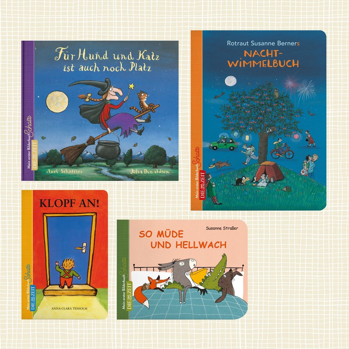 Vier verschiedene Kinderbücher der ZEIT-Edition »Mein erster Bilderbuchschatz« liegen auf einer beigen Oberfläche. Die Titelseiten sind bunt illustriert und zeigen verschiedene Szenen aus den Geschichten.