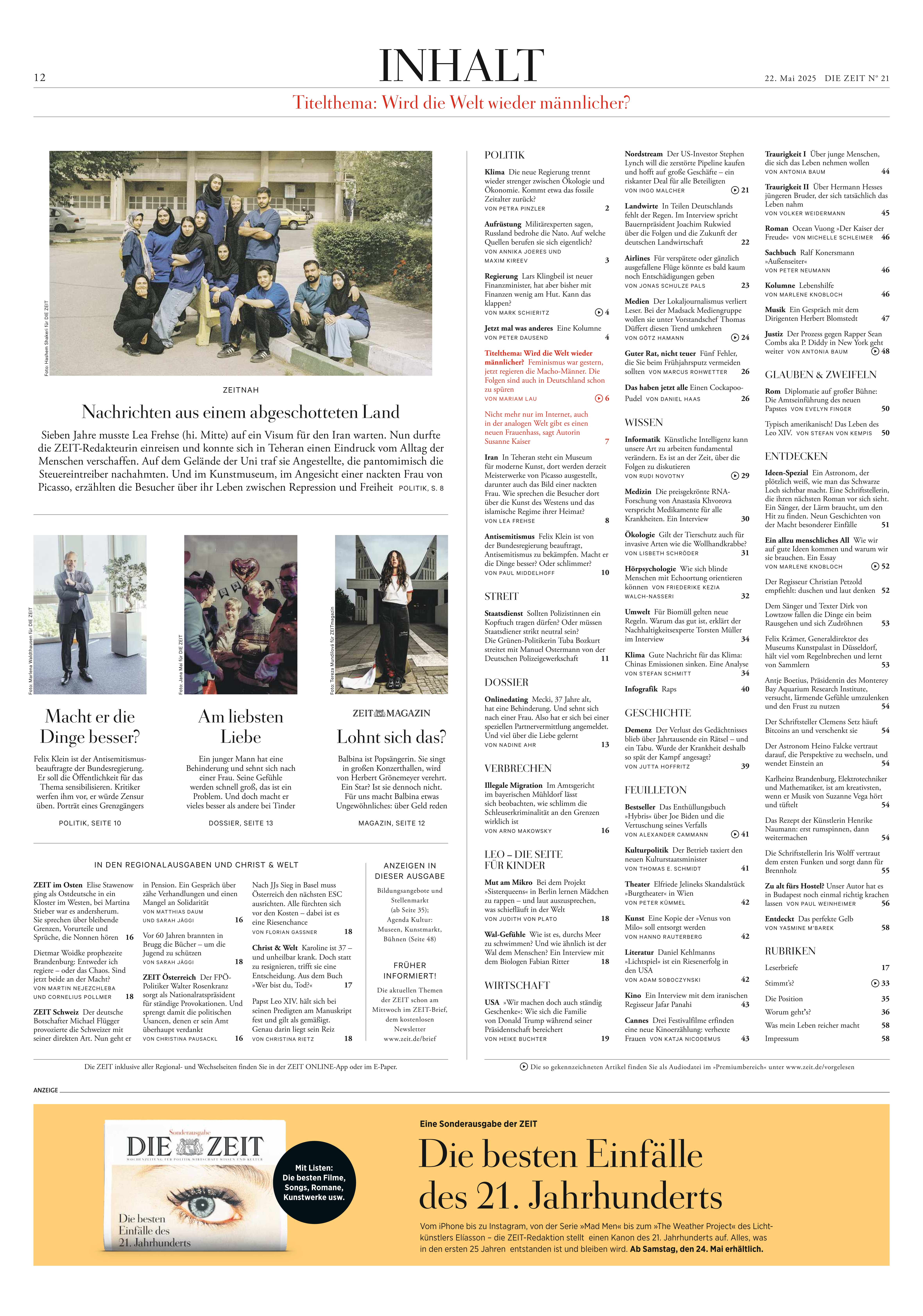 Das Titelblatt der Zeitung 'DIE ZEIT 21/2025' zeigt eine Auflistung von Artikeln und Nachrichten, mit Fotos und Texten, die die Inhalte der Ausgabe ankündigen.