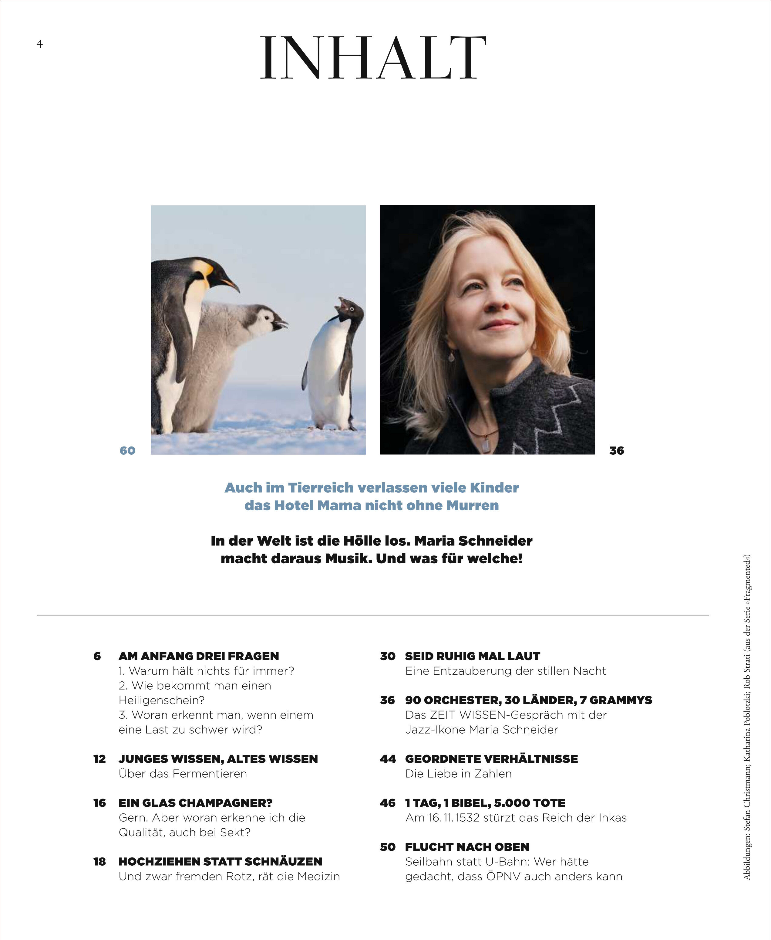 Doppelseitiges Inhaltsverzeichnis einer Zeitschrift. Links oben stehen vier Pinguine auf Schnee, rechts oben Portrait der lächelnden Musikerin Maria Schneider vor hellem Hintergrund. Darunter eine große Überschrift "INHALT" sowie Rubrik- und Seitennummern zu verschiedenen Themen rund um Wissenschaft, Gesellschaft und Musik.