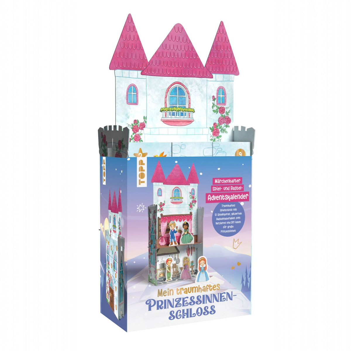 Der Adventskalender »Mein traumhaftes Prinzessinnen-Schloss« von TOPP zeigt ein aufklappbares, fantasievoll illustriertes Schloss mit rosafarbenen Dächern, Fenstern und Türmchen. Vorderseite mit Sichtfenstern, märchenhafter Kulisse und detailreichen Figuren. Für Kinder ab 7 Jahren.