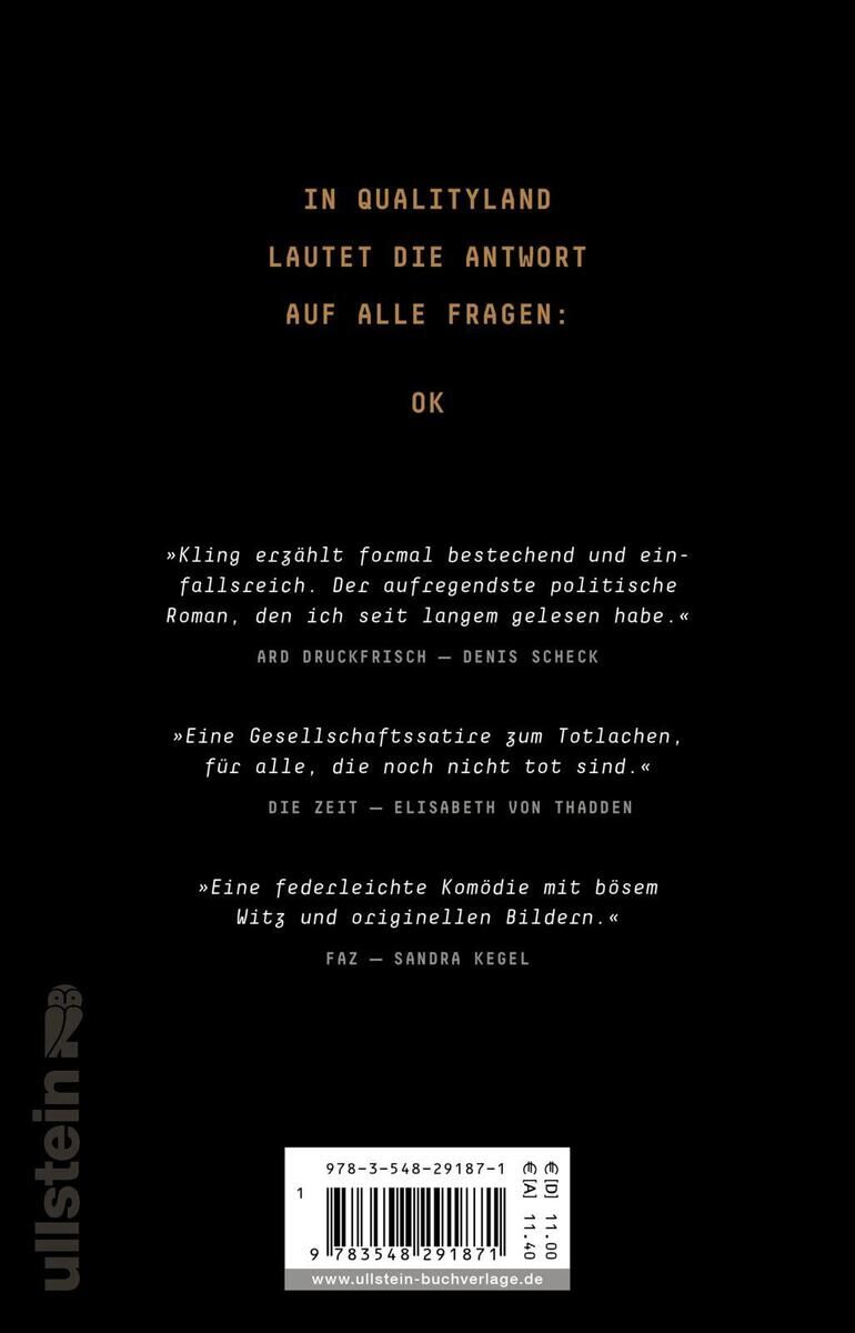 Rückseite des Buches 'QualityLand' von Marc-Uwe Kling, mit Zitaten aus Rezensionen prominent auf schwarzem Hintergrund und gelber Schrift.