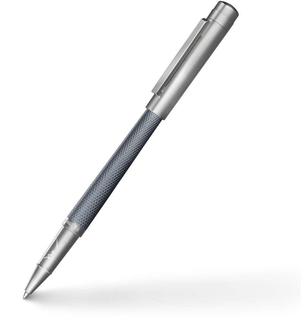Ein stilvoller Rollerball-Stift aus Metall in schlankem Design. Der Stift hat eine silberfarbene Oberfläche und einen ergonomischen Griff.