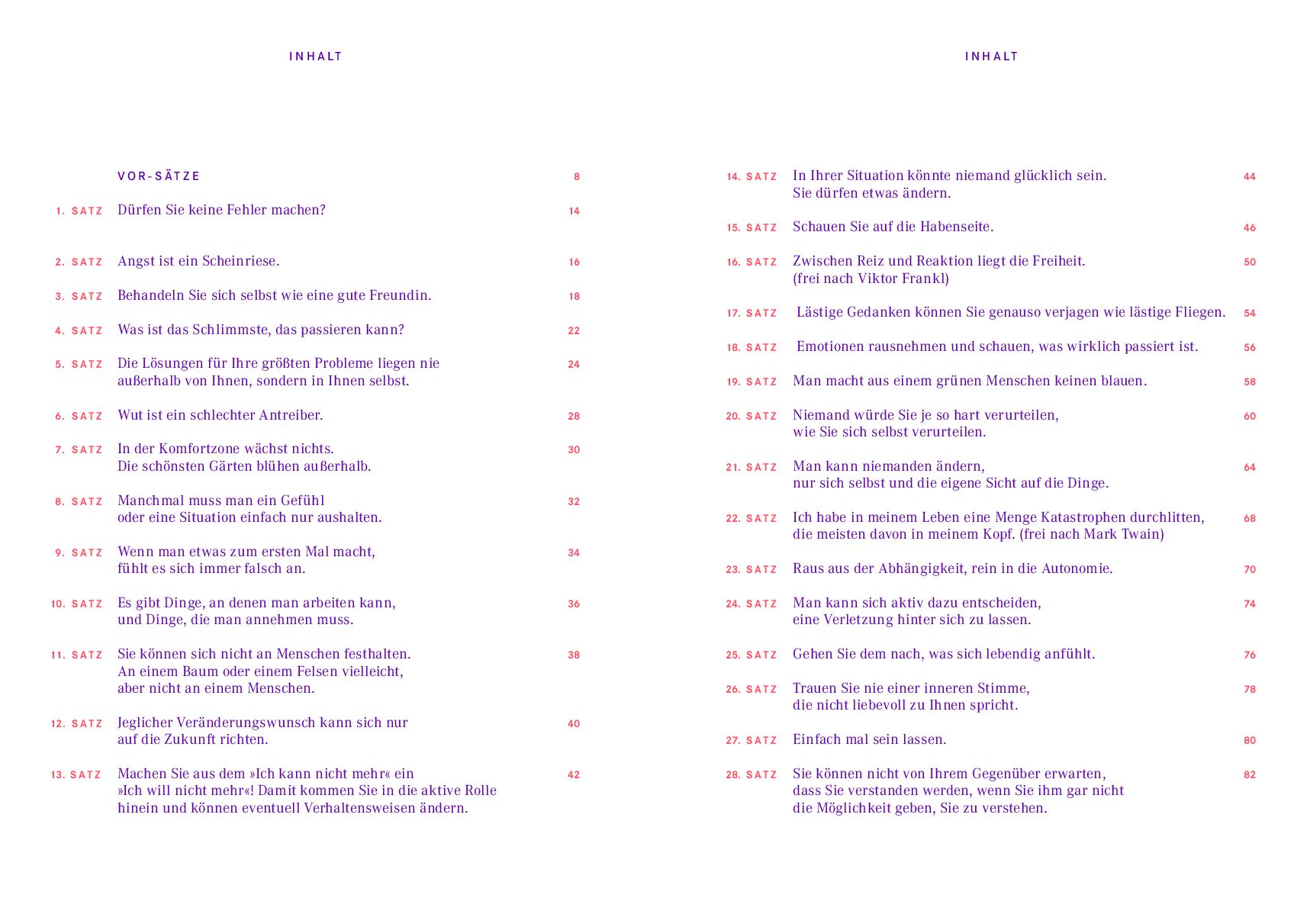 Doppelseite aus dem Buch »In der Komfortzone wächst nichts.« zeigt das Inhaltsverzeichnis mit 32 motivierenden Kapiteln, die sich um Selbstwachstum, Mut und persönliche Entwicklung drehen. Der Hintergrund ist weiß, der Text ist in violetter und rosa Schrift gehalten.