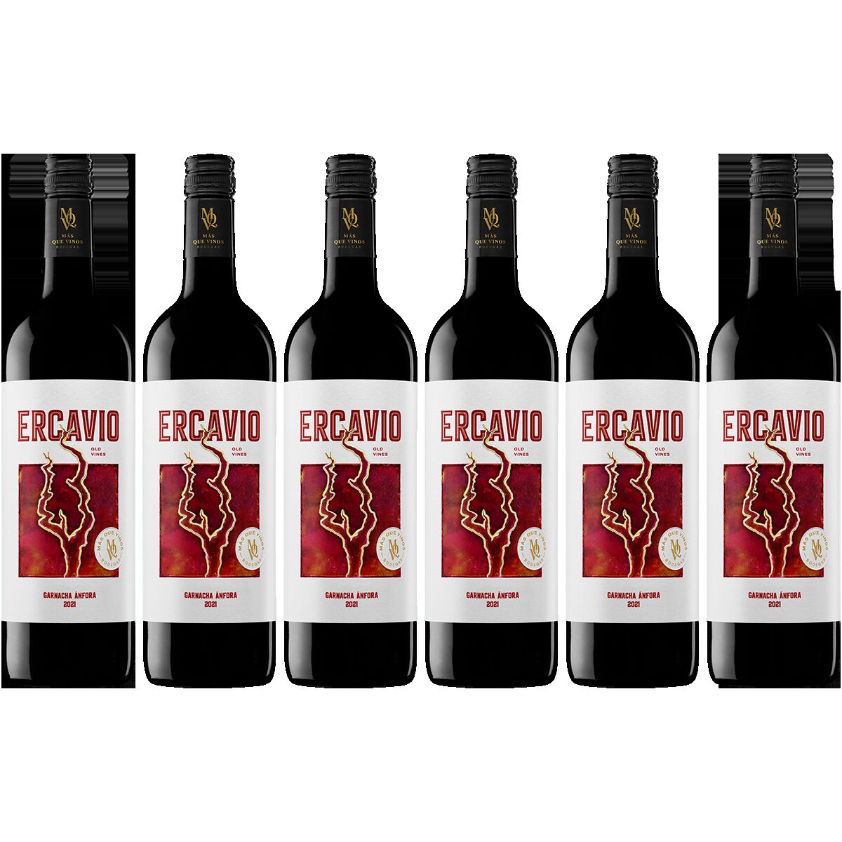 Sechs Flaschen Garnacha Ecavio Rotwein von Mas Que Vinos stehen nebeneinander. Die Flaschenetiketten sind überwiegend weiß mit roten und goldenen Akzenten. Deutlich sichtbar ist der moderne Schriftzug 'ERCAVIO' sowie ein stilisiertes Design mit goldfarbener Medaille. Jede Flasche ist mit einem schwarzen Schraubverschluss verschlossen.