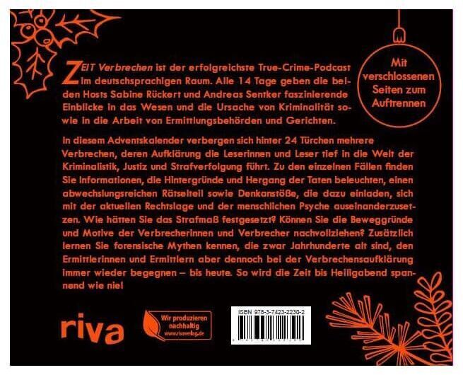 Eine schwarze Verpackung mit roten und weißen Details, die den Adventskalender 'ZEIT VERBRECHEN - Der Adventskalender 2' zeigt. Rote Verzierungen einschließlich Blätter und Beeren schmücken die Front. Der Kalender enthält detaillierte Beschreibungen zu Kriminalfällen und hat geschlossene Seiten zum Auftrennen.