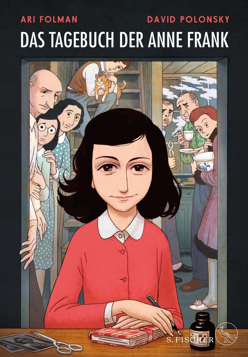 Cover von 'Das Tagebuch der Anne Frank', illustriert von Ari Folman und David Polonsky. Das Bild zeigt eine junge Frau in roter Kleidung, die an einem Tisch sitzt und schreibt, umgeben von einer Gruppe Menschen und alltäglichen Gegenständen. Die Farben sind hauptsächlich rot, schwarz, weiß, braun, blau und grau gehalten.