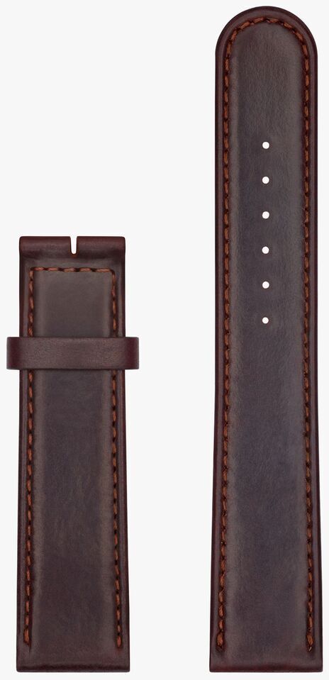Das Bild zeigt ein zweiteiliges Uhrenarmband aus dunkelbraunem, besonders glattem Horween Genuine Shell Cordovan Leder. Das Armband ist fein rembordiert, leicht glänzend, dicht vernäht und besitzt mehrere Lochungen zur Größenanpassung. Das Design wirkt elegant und hochwertig.