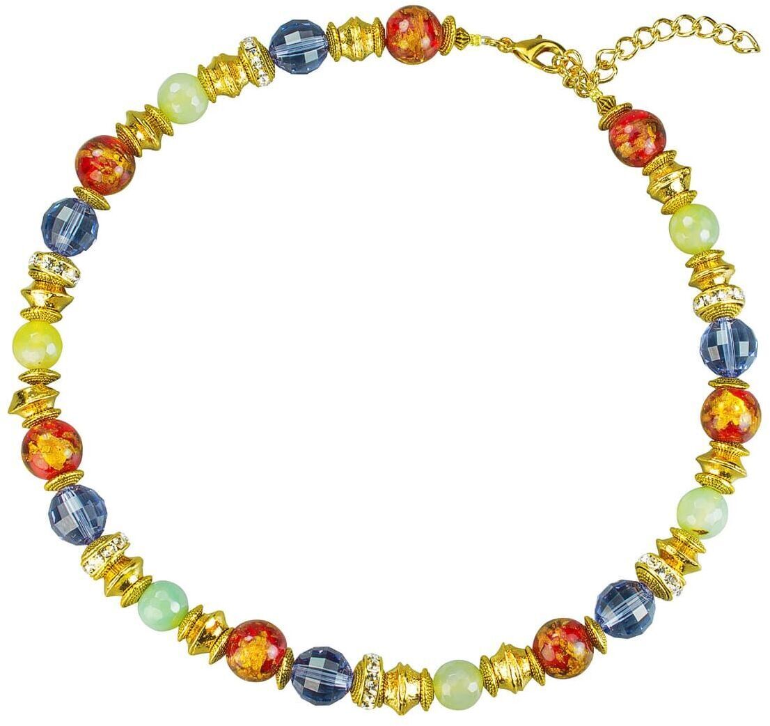 Buntes Perlencollier von Petra Waszak, Modell 'Herbstzauber', mit Naturstein und Kulturperlen in den Farben Gold, Rot, Orange, Grün und Blau. Das Collier ist mit einem goldenen Verschluss versehen und eignet sich perfekt für Herbst und festliche Anlässe.