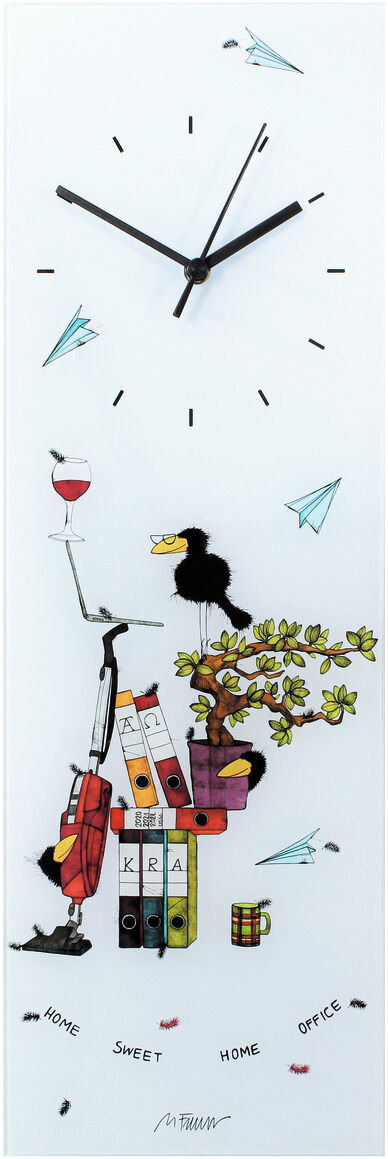 Eine dekorative Wanduhr aus Glas mit dem Titel 'Home Sweet Home Office' von Michael Ferner. Die Uhr zeigt humorvolle Illustrationen von Vögeln, Aktenordnern, Origami-Fliegern und einem Weinglas. Die Farben sind überwiegend weiß, schwarz, rot, grün und blau.