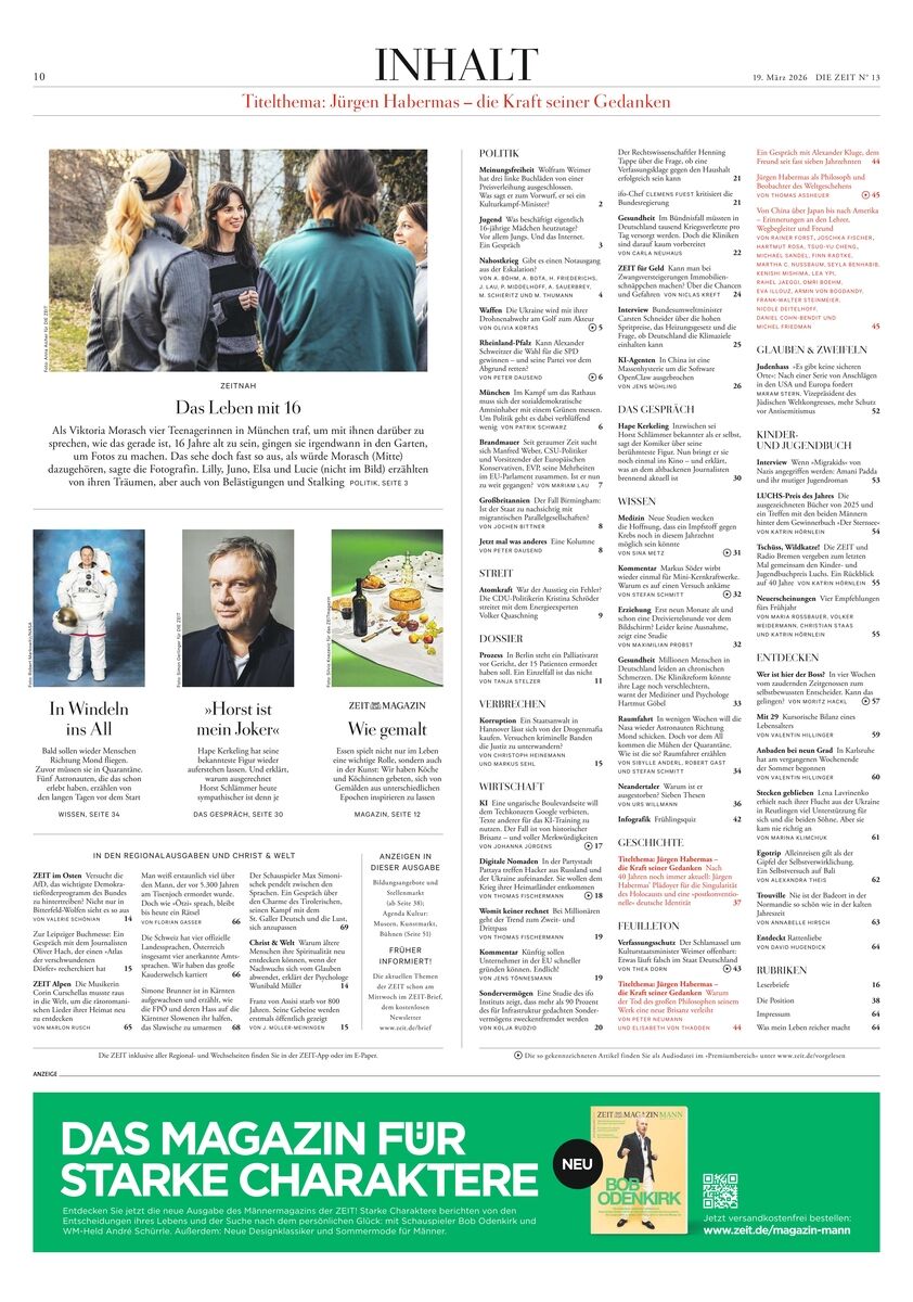 Das Bild zeigt das Inhaltsverzeichnis der Ausgabe DIE ZEIT 13/2026. Oben befinden sich ein Foto von Jugendlichen und mehrere Artikelüberschriften. Links sind Beiträge hervorgehoben, rechts listet eine Tabelle die Rubriken und Artikel. Unten befindet sich eine grüne Werbeanzeige.