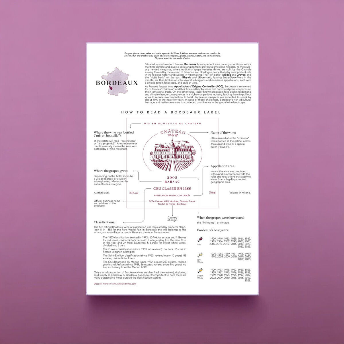 Ein Weinpuzzle mit dem Titel 'Bordeaux', das eine detaillierte Infografik über die Bordeaux-Weinregion zeigt, platziert auf einem lila Hintergrund. Enthält Illustrationen und Text, die verschiedene Aspekte von Wein und Etiketten beschreiben.
