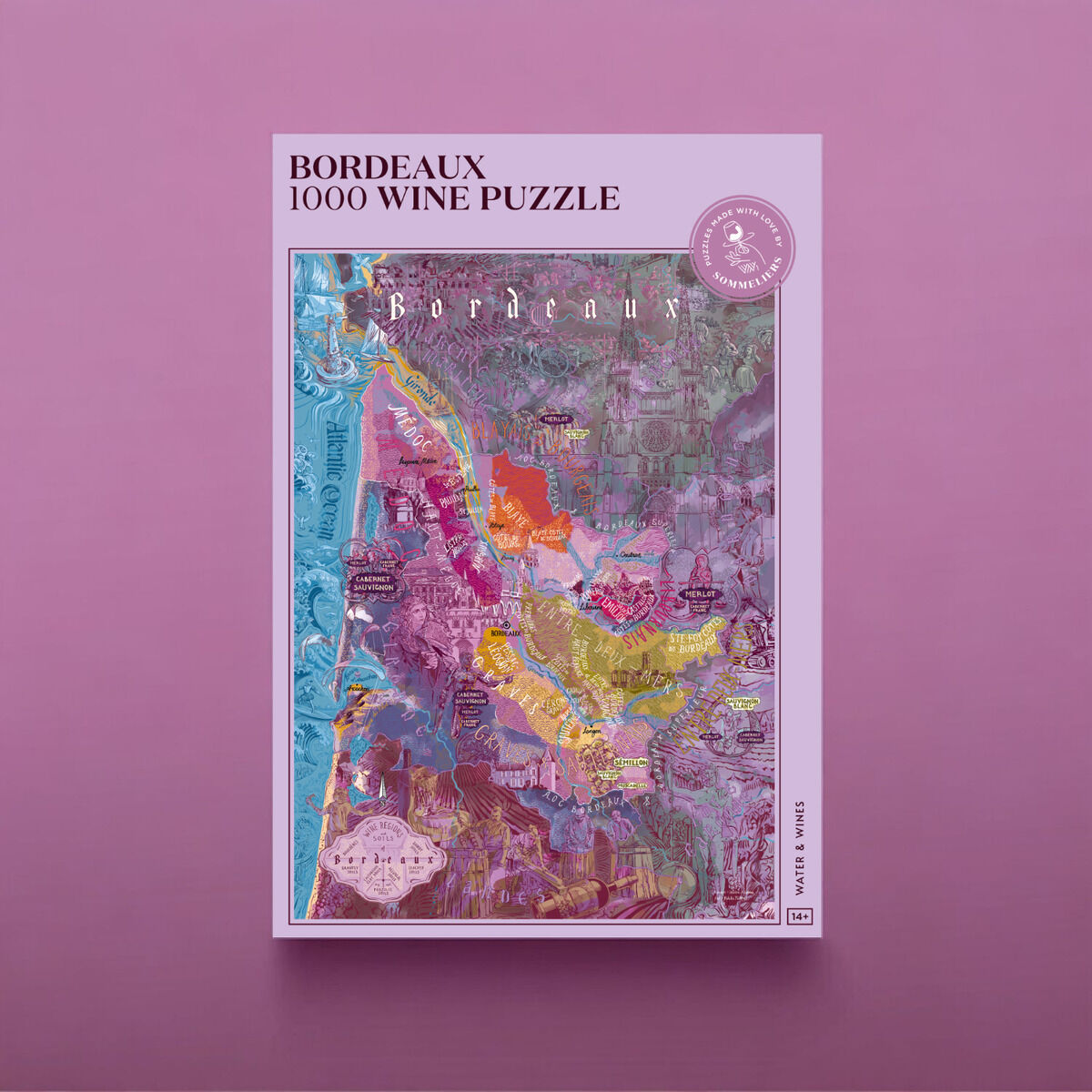 Ein Puzzle mit dem Thema Bordeaux Weinregion, 1000 Teile, mit Kartenmotiv. Die Verpackung ist in lila und rosa Tönen gehalten.
