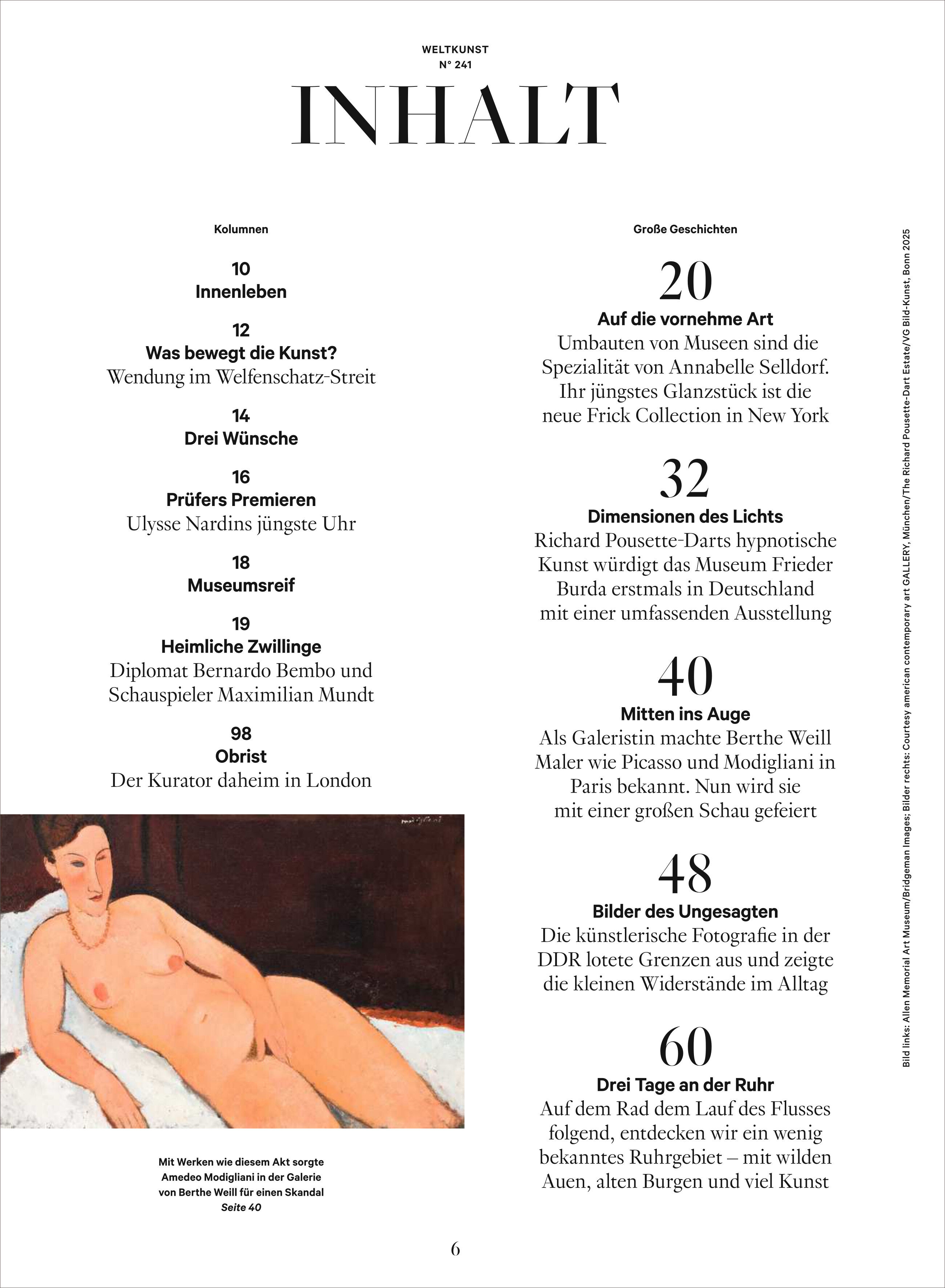 Titelblatt des Kunstmagazins 'Weltkunst 241/25' mit dem Schwerpunkt der Glanz der alten Welt. Das Design zeigt den Inhaltsverzeichnis mit einer Vorschau auf Artikel über Kunstgeschichte, berühmte Museen und alte Meisterwerke.