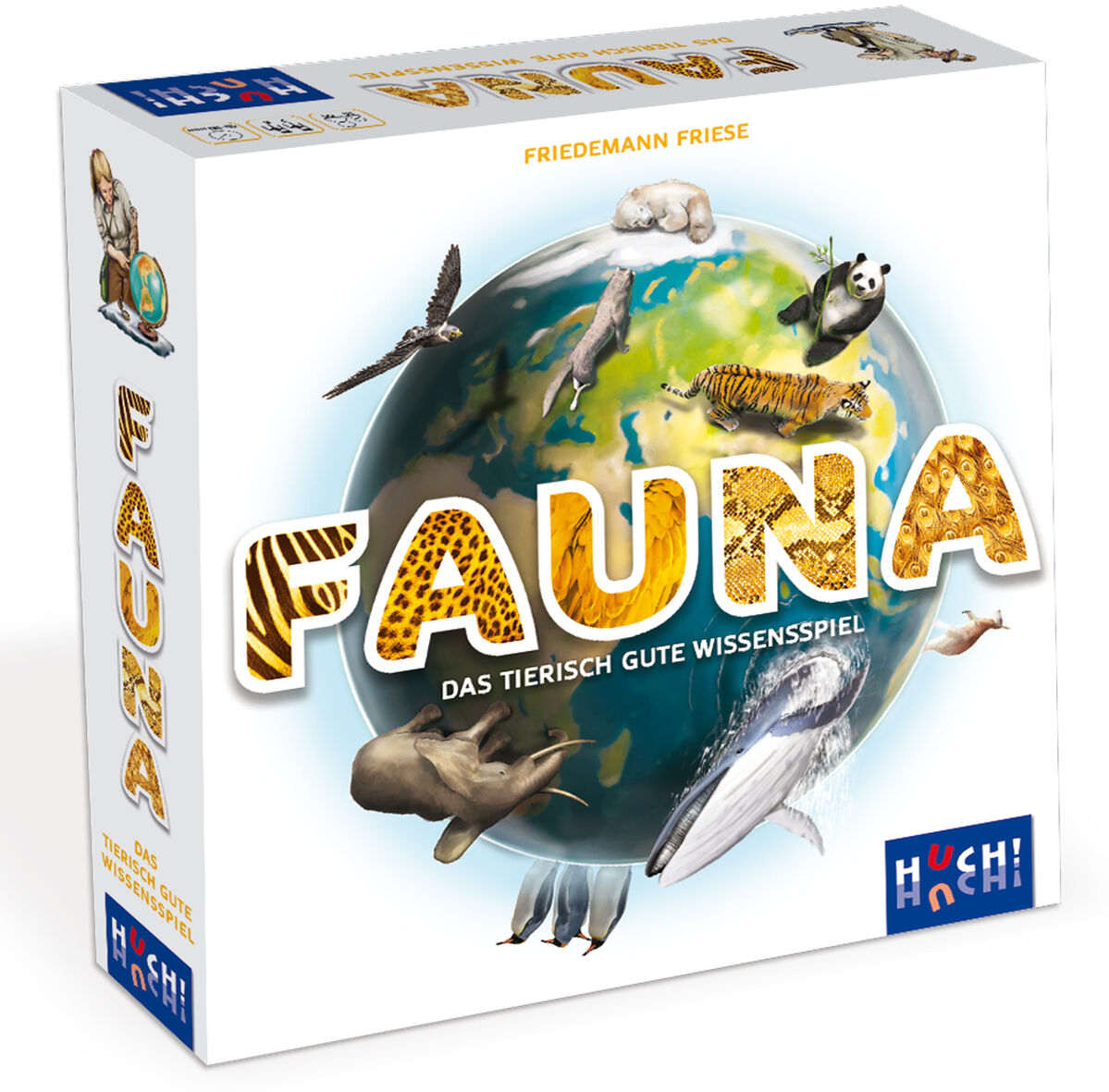 Abbildung des Brettspiels 'Fauna' mit einer Illustration der Erde und verschiedenen Tieren, wie einem Wal und einem Panda, auf der Verpackung. Das Spiel mit dem Titel 'Das tierisch gute Wissensspiel' bietet Unterhaltung und Wissen.