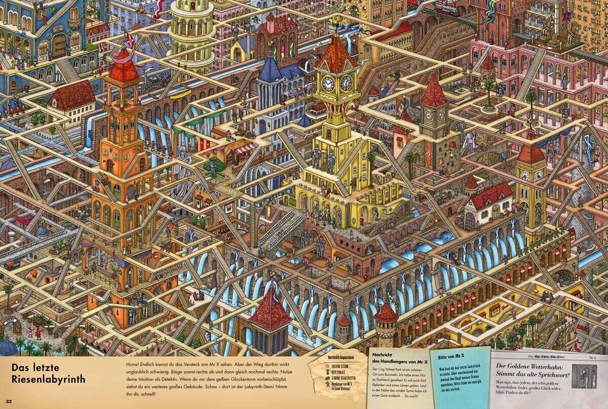 Eine detaillierte Illustration von 'Pierre, der Irrgarten-Detektiv', zeigt eine komplexe Labyrinthstadt mit Gebäuden und Wegen in verschiedenen Farben. Das Bild enthält viele kleine Details und eine Textbeschreibung auf Deutsch.