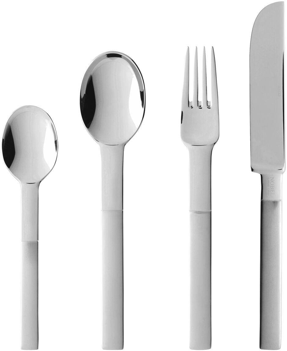 Ein Besteckset aus Edelstahl mit modernem Design, bestehend aus Löffel, Gabel, Messer und Teelöffel. Das Besteck hat einen schlichten, eleganten Look.