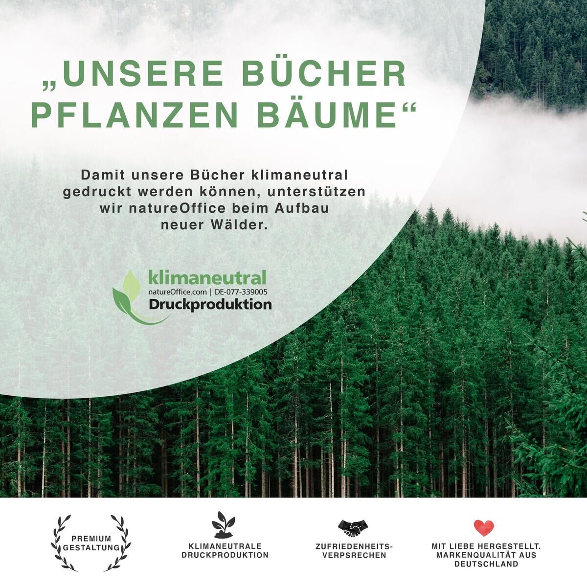 Ein Buch mit dem Titel 'Mama, erzähl mir deine Geschichte!' vor einem Hintergrund, der ein Zitat über klimanachhaltige Bücher und deren Druckproduktion zeigt. Der Hintergrund ist hauptsächlich grün und weiß mit Text in schwarzer und grüner Schrift. Unten sind verschiedene Symbole für umweltfreundliche Produktion und liebevolle Herstellung mit deutschen Beschreibungen.