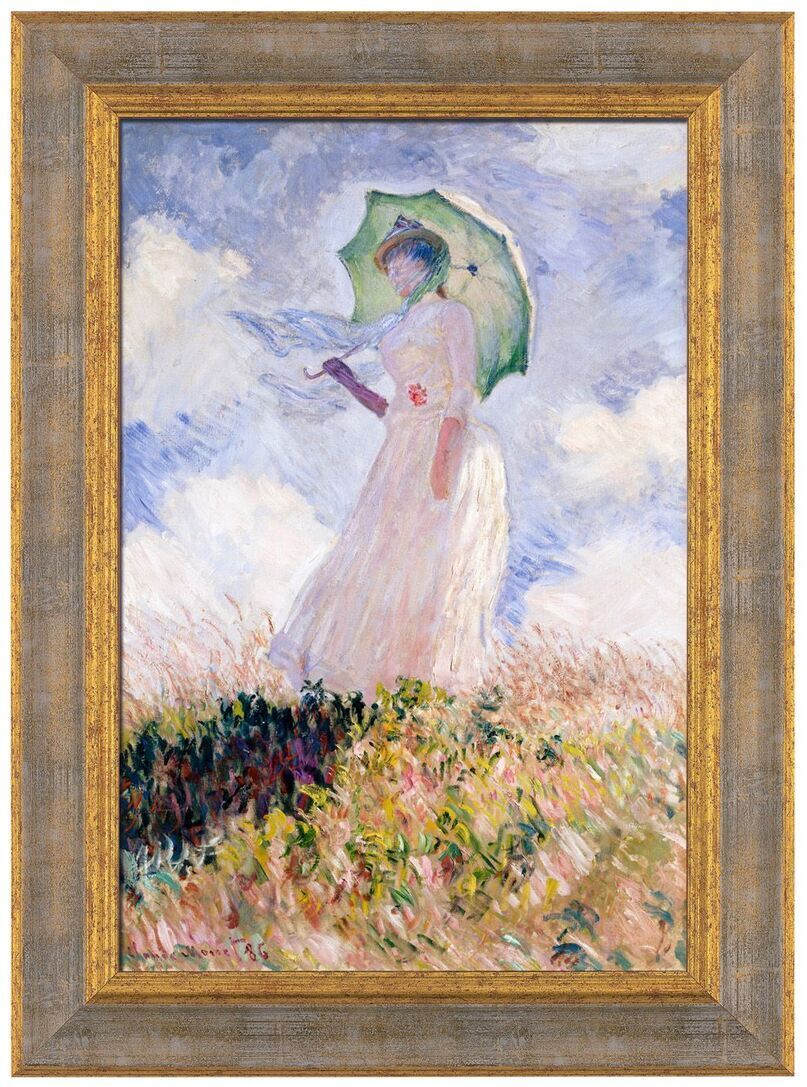 Ein Gemälde von Claude Monet aus dem Jahr 1886 zeigt eine Frau im weißen Kleid, die in einer blühenden Wiese steht und einen grünen Sonnenschirm hält. Der Himmel ist blau mit weißen Wolken, und das Gras ist mit gelben und rosa Blumen durchsetzt.