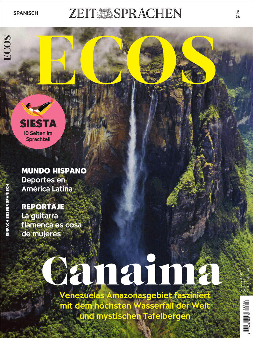 Titelbild des Ecos Magazins 08/2024 mit einer atemberaubenden Wasserfalllandschaft im venezolanischen Amazonasgebiet. Der Titel hebt das Thema 'Canaima' hervor. Oben steht 'Zeit Sprachen'. Weitere Themen im Magazin beinhalten 'Siesta', 'Mundo Hispano' und 'Reportage'.