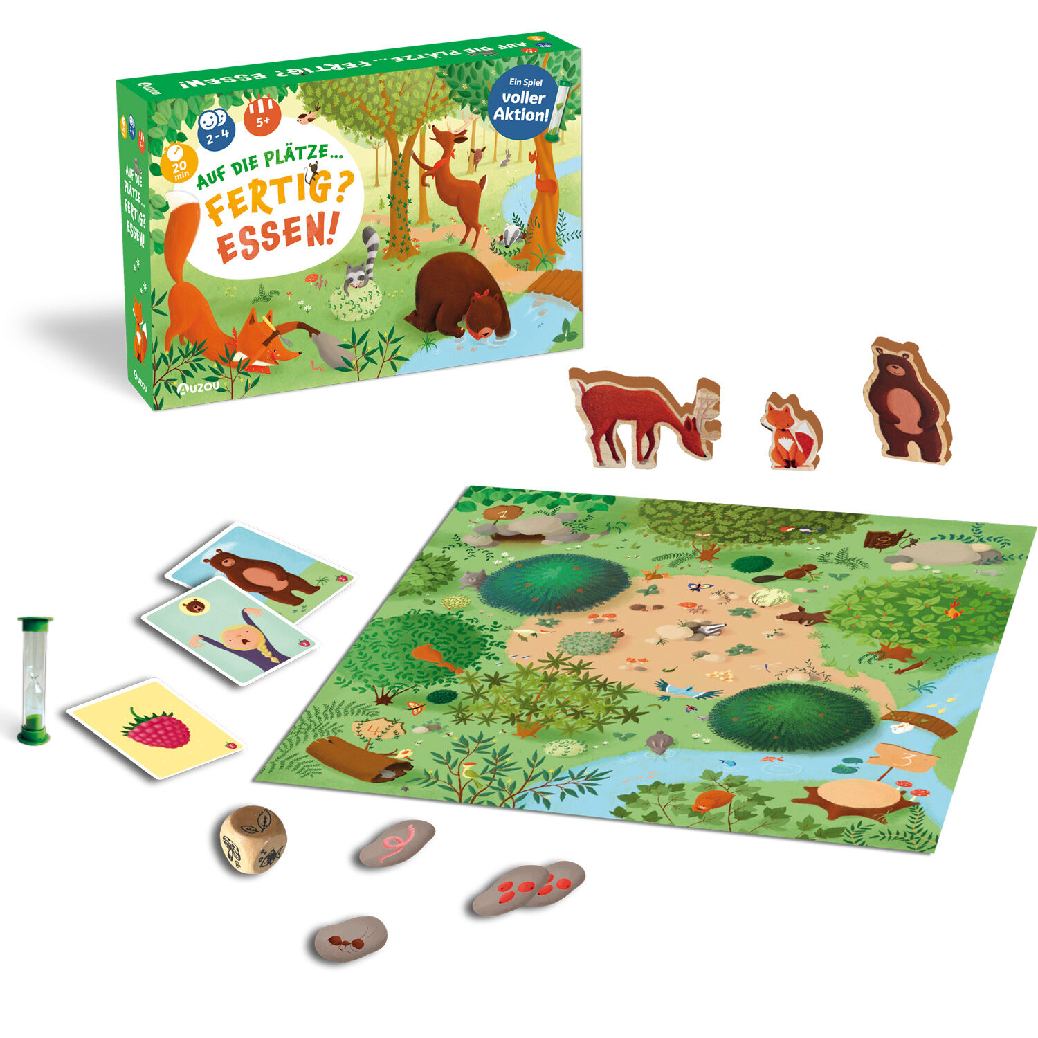 Das Bild zeigt das Brettspiel 'Auf die Plätze! Fertig? Essen!' mit Spielfeld, Karten, Sanduhr, Holzfiguren und Token. Das Spielbrett ist bunt illustriert und zeigt eine Waldszenerie mit verschiedenen Tierspielfiguren. Die Spielbox befindet sich im Hintergrund, offen und mit abgebildeten Tieren und Elementen des Spiels.