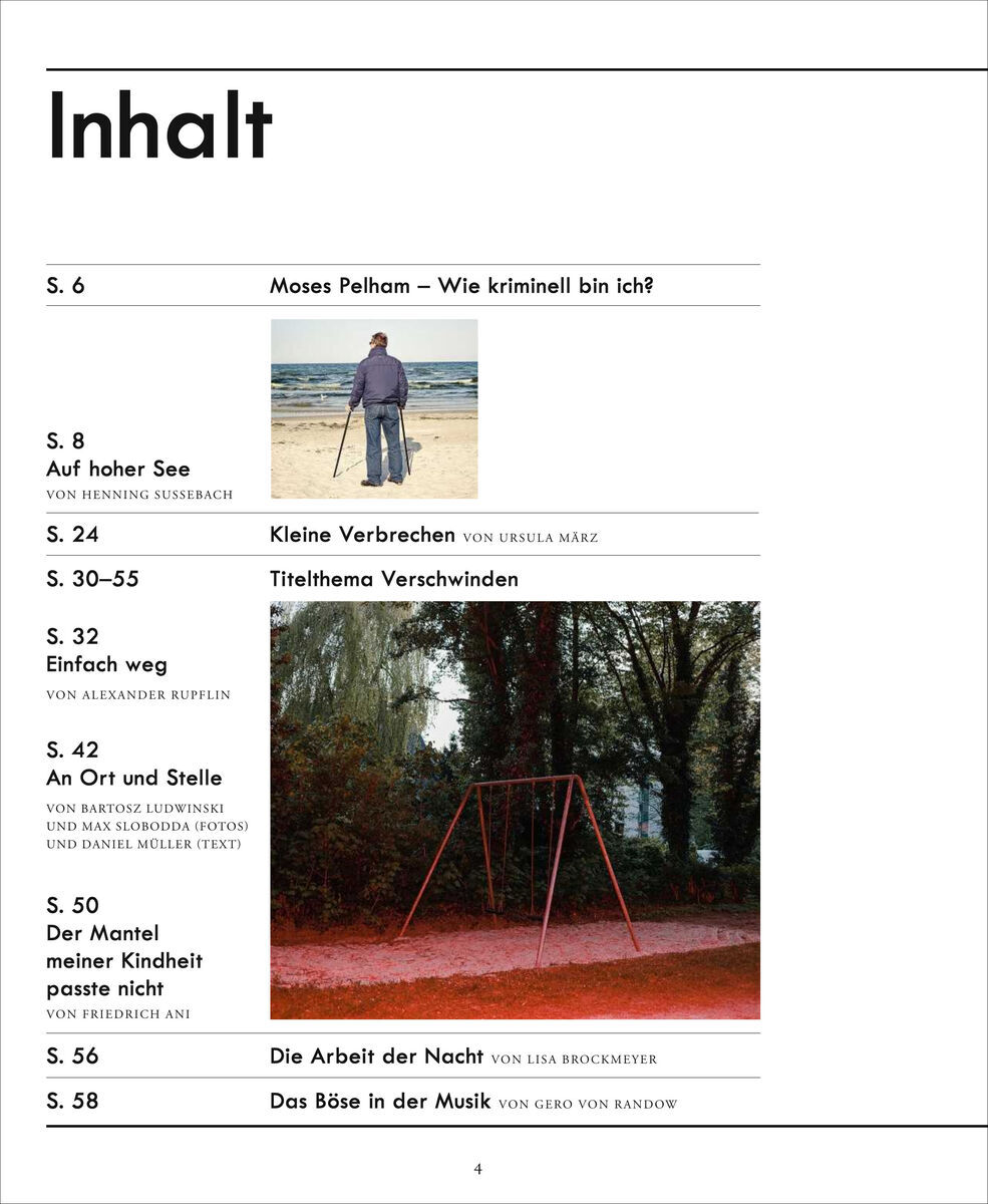 Inhaltsverzeichnis der Zeitschrift 'ZEIT Verbrechen 6/20' mit verschiedenen Artikeltiteln und Bildern. Artikel umfassen Themen wie Kriminalität, Mordfälle, Ermittlungen und gesellschaftliche Aspekte.