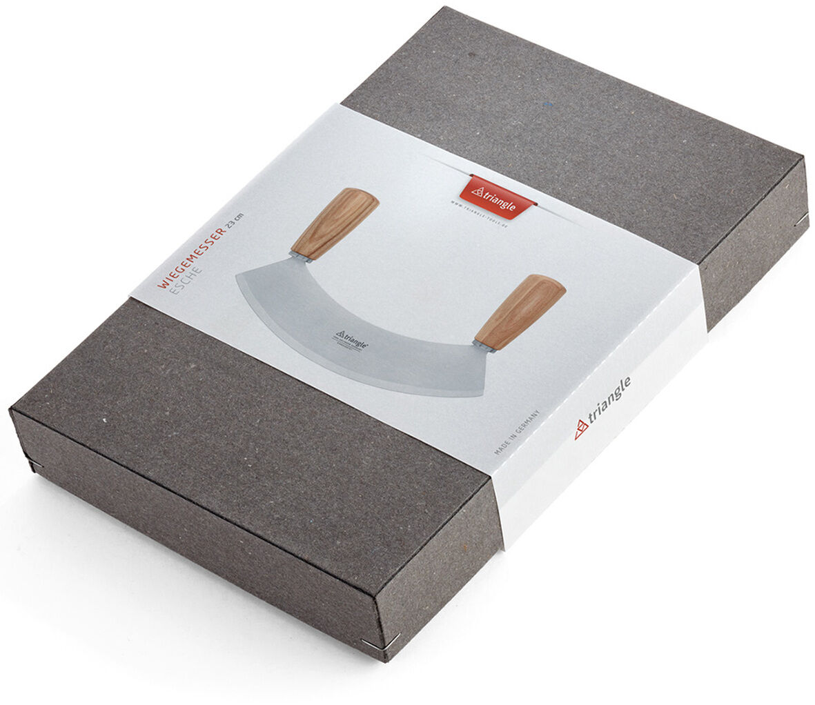 Das Bild zeigt ein Wiegemesser »Soul« mit Holzgriffen und doppelseitiger Klinge, präsentiert in einer grauen Verpackung.