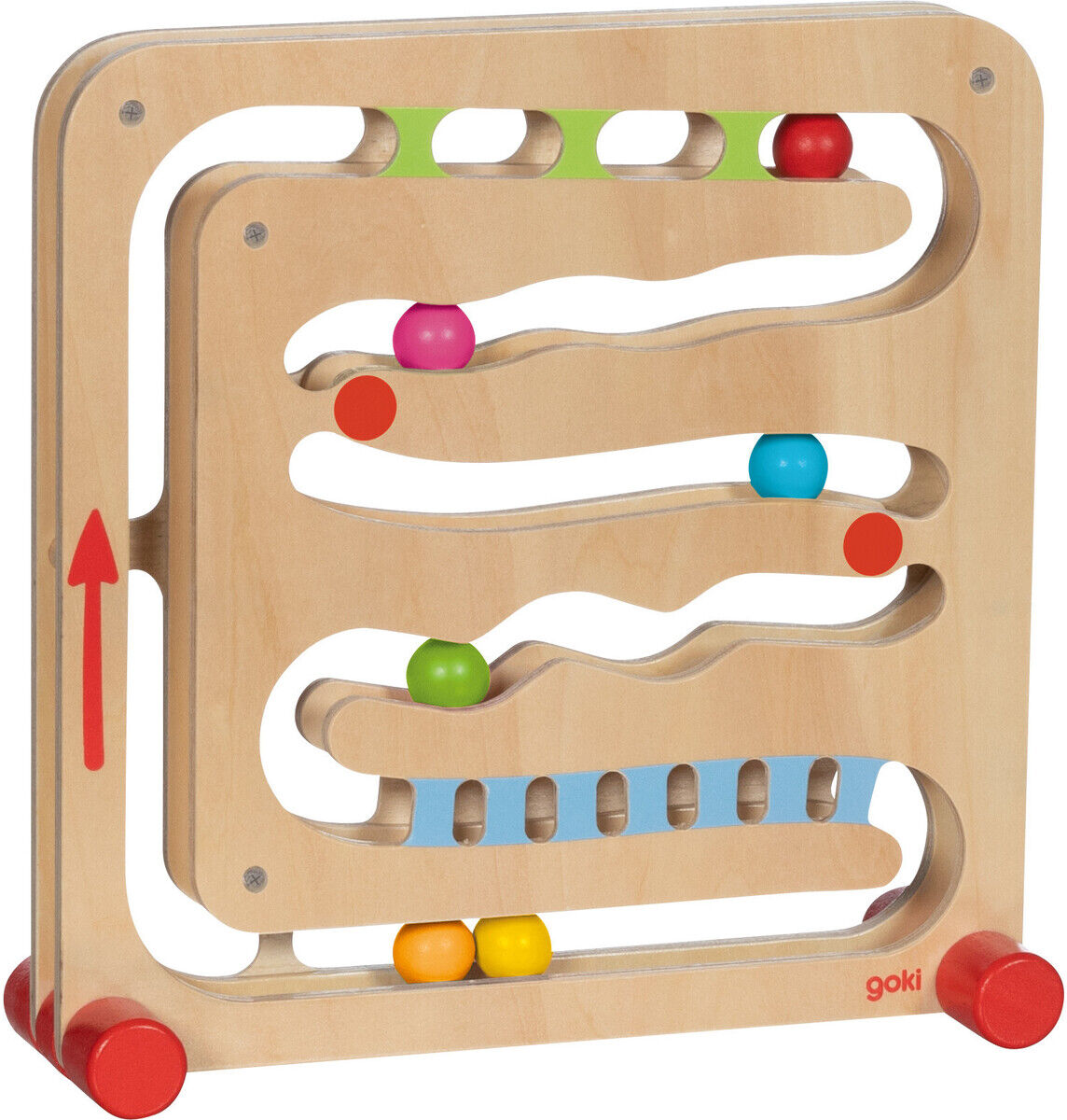 Holz-Kugelbahn mit Fingerfahrstuhl, bunt lackiert, Kugeln verschiedener Farben auf einer kurvenreichen Bahn.