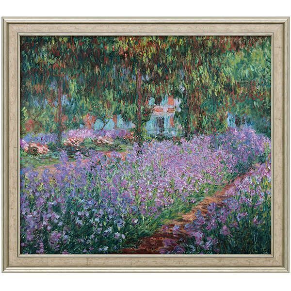 Ein Set von zwei Gemälden von Claude Monet mit dem Titel »Gelbe Seerosen und Agapanthus« und »Irisbeet in Monets Garten«. Die Bilder zeigen einen Garten mit bunten Blumen und viel Grün, typischen Landschaftsszenen im impressionistischen Stil. Ideal für Kunstliebhaber und als Wanddekoration.