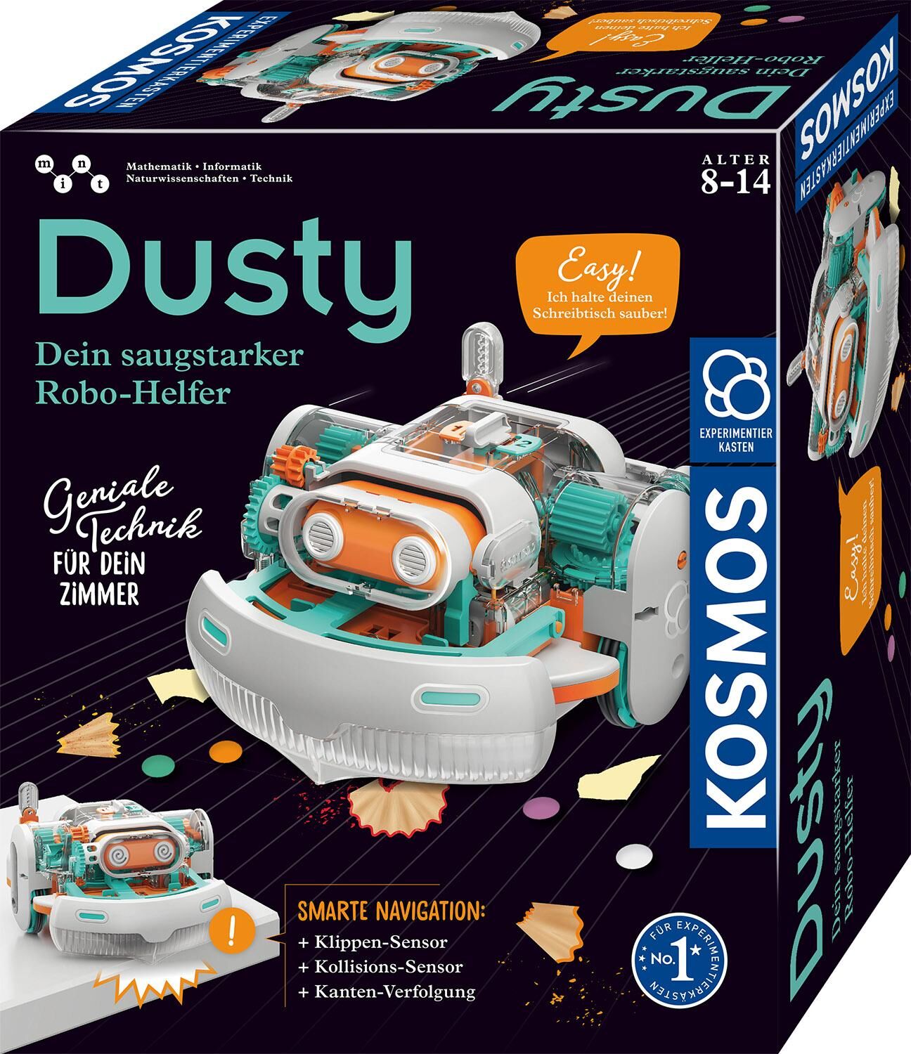 Verpackung eines Spielzeug-Staubsaugerroboters namens 'Dusty - Dein saugstarker Robo-Helfer' von Kosmos, geeignet für Kinder im Alter von 8 bis 14 Jahren. Die Box ist in Blau, Orange und Weiß gestaltet und hebt sensorische und technische Funktionen hervor.