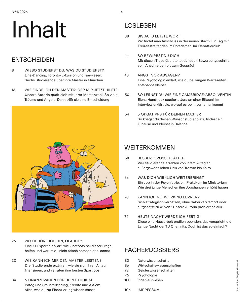 Weiße Inhaltsseite des ZEIT CAMPUS MASTERSTUDIUM 2026 mit schwarzer Schrift; links mittig ein Illustration von drei bunten Cartoonkatzen mit Büchern und Laptop auf gelbem Hintergrund; darüber und rechts daneben strukturierte Kapitelübersicht zu Studien- und Masterthemen.