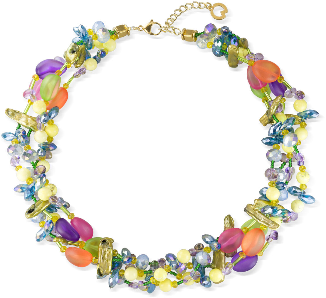 Buntes Schmuck-Set »Tesoro«: Eine kunstvolle Halskette mit verschiedenen Perlen in Orange, Lila, Gelb, Grün, Blau und Weiß. Ideal als Geschenk oder für besondere Anlässe.