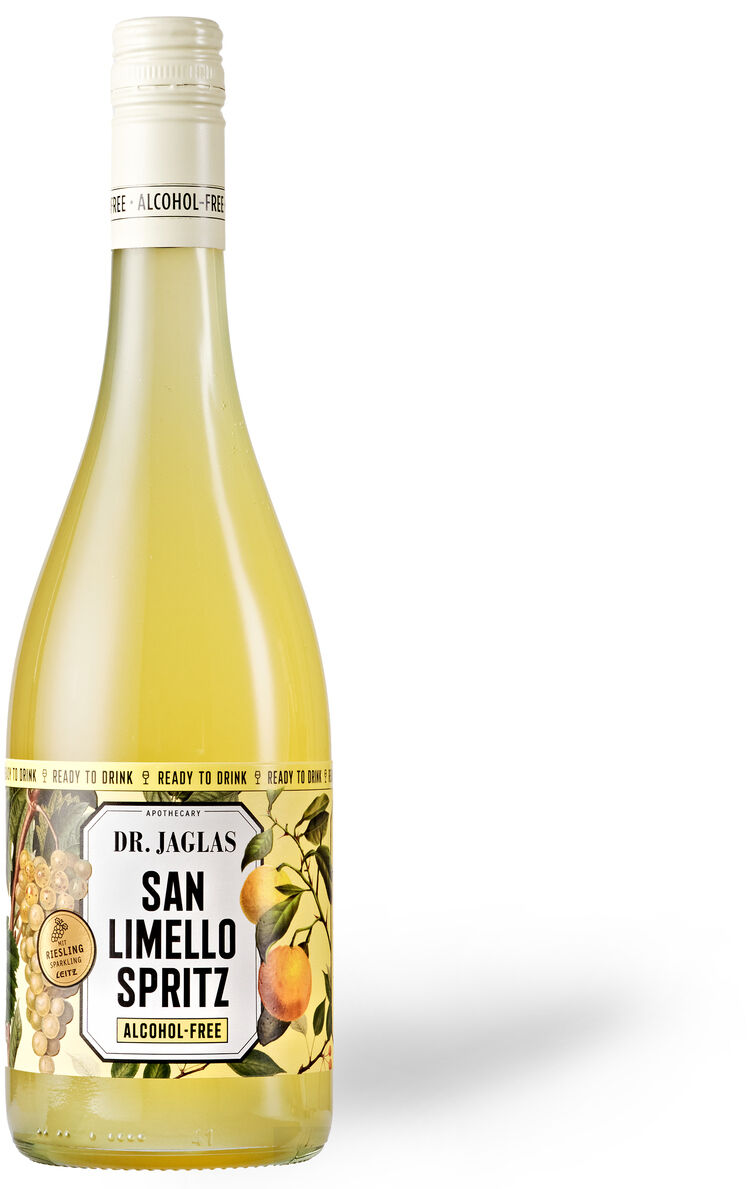 Eine Flasche San Limello Spritz, alkoholfrei, mit einem Etikett, das Früchte und den Namen Dr. Jaglas zeigt. Das Getränk hat eine gelbe Farbe.