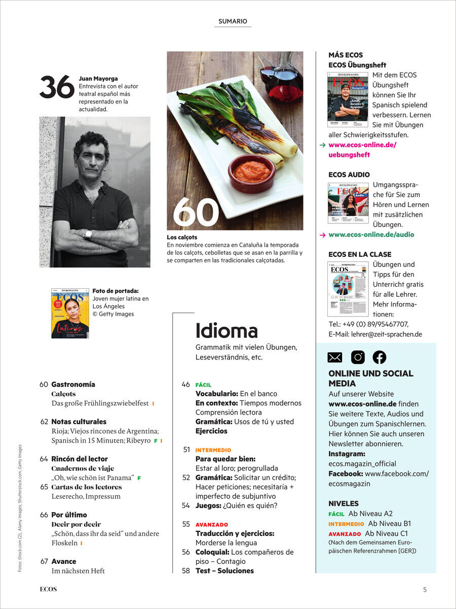 Vorderseite des Ecos Magazins 13/2024 mit spanischen und lateinamerikanischen Themen wie Kultur, Reisen und kulinarische Spezialitäten. Enthält Fotos und Farbakzente in Weiß, Schwarz, Rot und Grün. Fokus auf Sprachbildung und kulturelle Inhalte.