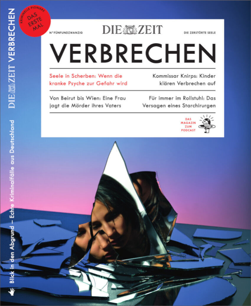 Das Magazin ZEIT VERBRECHEN zeigt auf dem Cover ein gebrochenes Glasobjekt mit einem Spiegelbild und enthält Texte zu Kriminalfällen und psychologischen Thrillern.