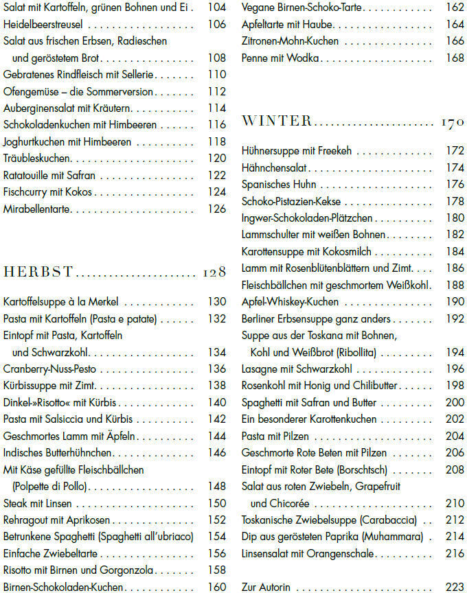 Inhaltsverzeichnis des Kochbuchs »Lieblingsgerichte vom Wochenmarkt« mit Rezeptnamen und Seitennummern.