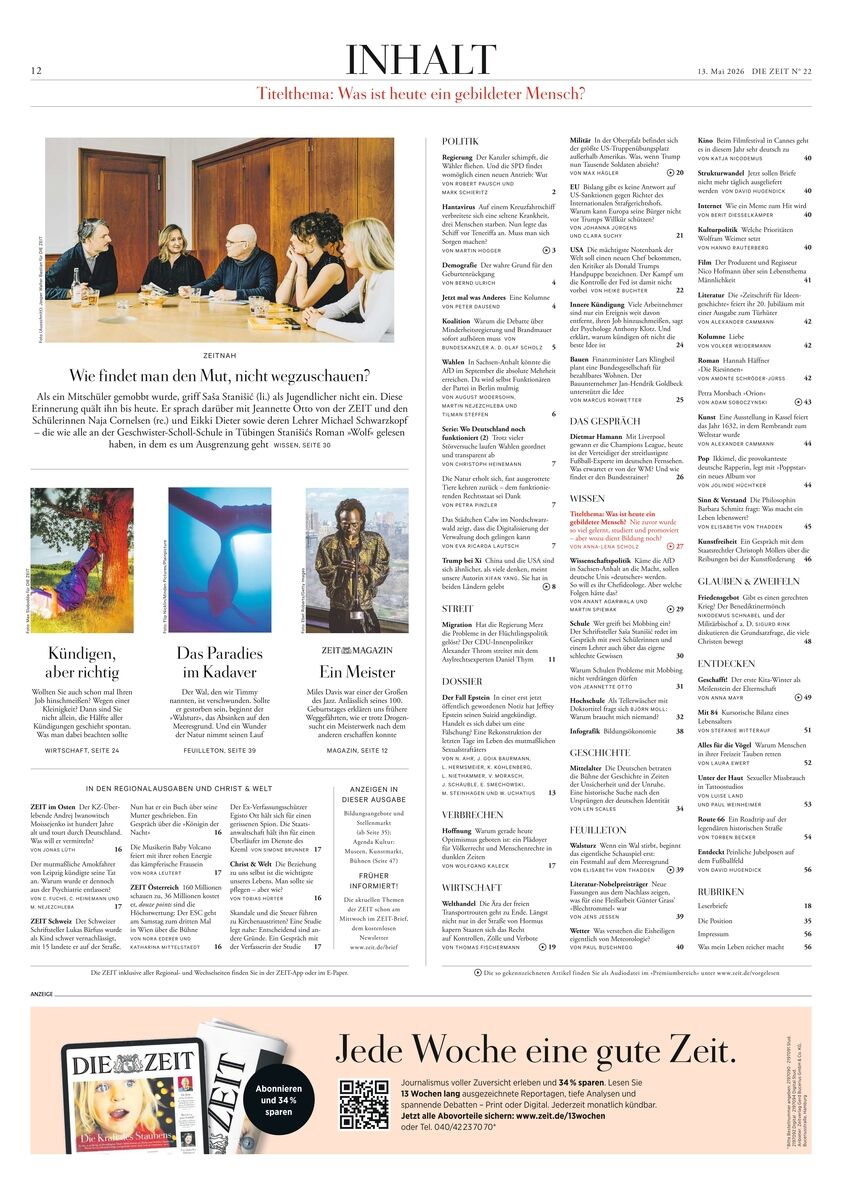 Inhaltsseite der Wochenzeitung DIE ZEIT 22/2026 mit Überschrift, Themenvorschau und Bildern. Oben ein Podiumsgespräch, darunter drei Themenfotos: Kündigen, Paradies im Kodorf, ein Musiker. Rechte Spalte mit ausführlicher Inhaltsübersicht und Rubriken. Anzeige unten.