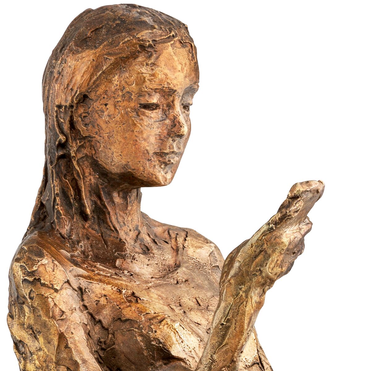 Detaillierte Skulptur einer jungen Frau aus goldfarben patinierter Bronze. Die Frau hält eine kleine Taube in der rechten Hand und blickt liebevoll darauf, mit sanften, fein gearbeiteten Gesichtszügen. Oberfläche zeigt texturierte, naturgetreue Details.
