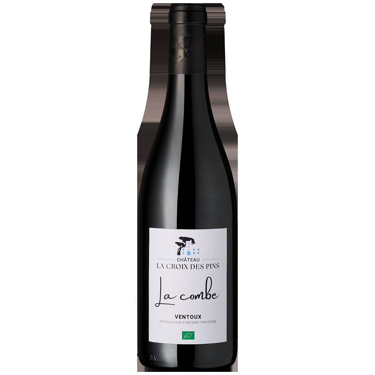 Eine einzelne, stehende Flasche Rotwein des Weinguts Château La Croix des Pins, Sorte La Combe Ventoux, mit weißem Etikett und Bio-Logo, vor neutralem Hintergrund.
