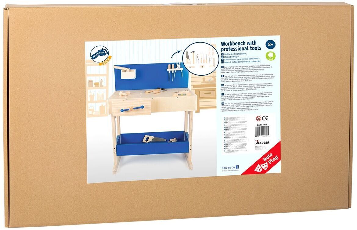 Kinderwerkbank mit echtem Werkzeug, verpackt in einem braunen Karton mit blauen und weißen Akzenten.