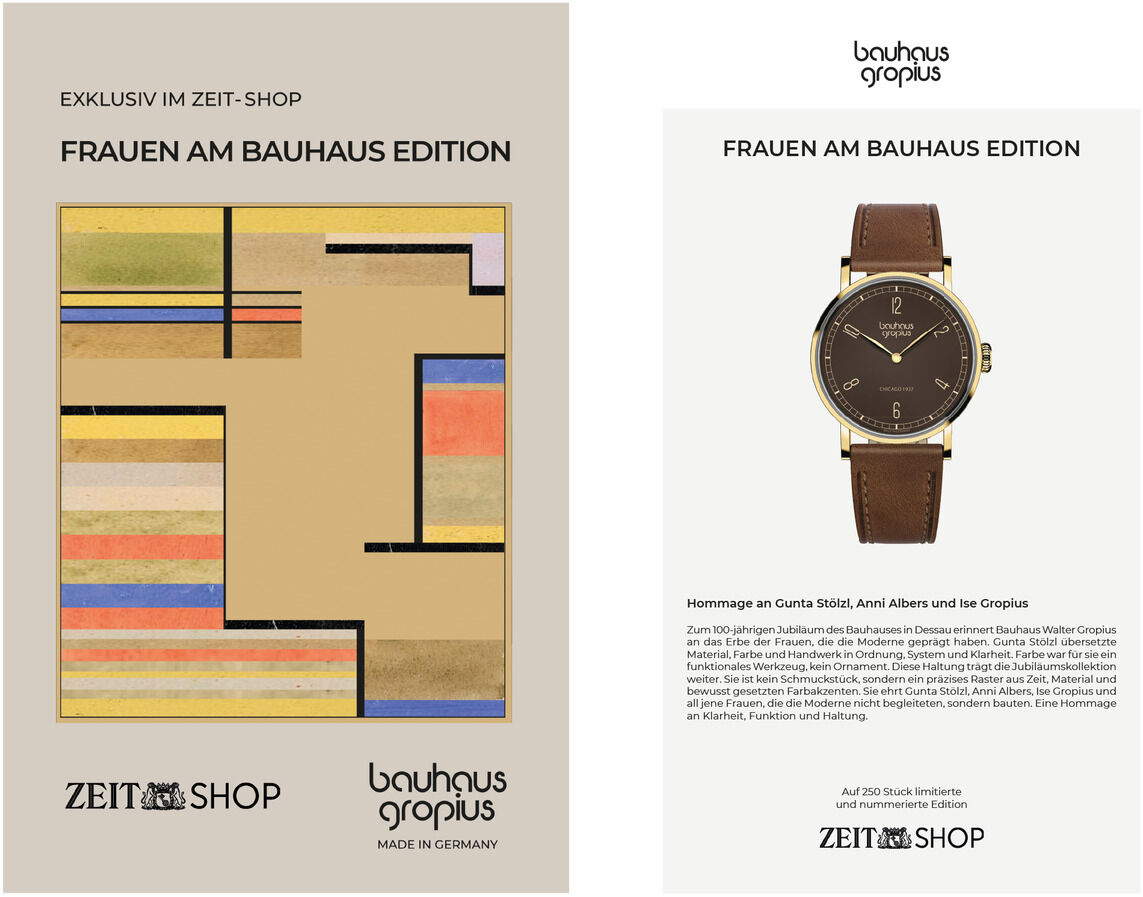 Links eine minimalistisch-abstrakte Illustration im Bauhaus-Stil mit geometrischen Farbflächen und Text „FRAUEN AM BAUHAUS EDITION“. Rechts eine elegante Armbanduhr mit braunem Lederarmband und braunem Zifferblatt, darüber Produktbeschreibung und Markenlogo „Walter Gropius“.