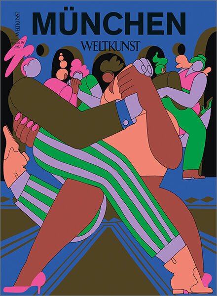Illustration des Covers der Zeitschrift 'WELTKUNST 191/21 Sonderheft München'. Das Bild zeigt eine bunte Szene mit tanzenden Figuren in lebhaften Farben, darunter Blau, Grün, Rosa und Orange. Im Hintergrund sind weitere Personen in einer Art Saal zu sehen. Der Titel 'MÜNCHEN' und der Name der Zeitschrift sind oben auf dem Cover abgebildet.